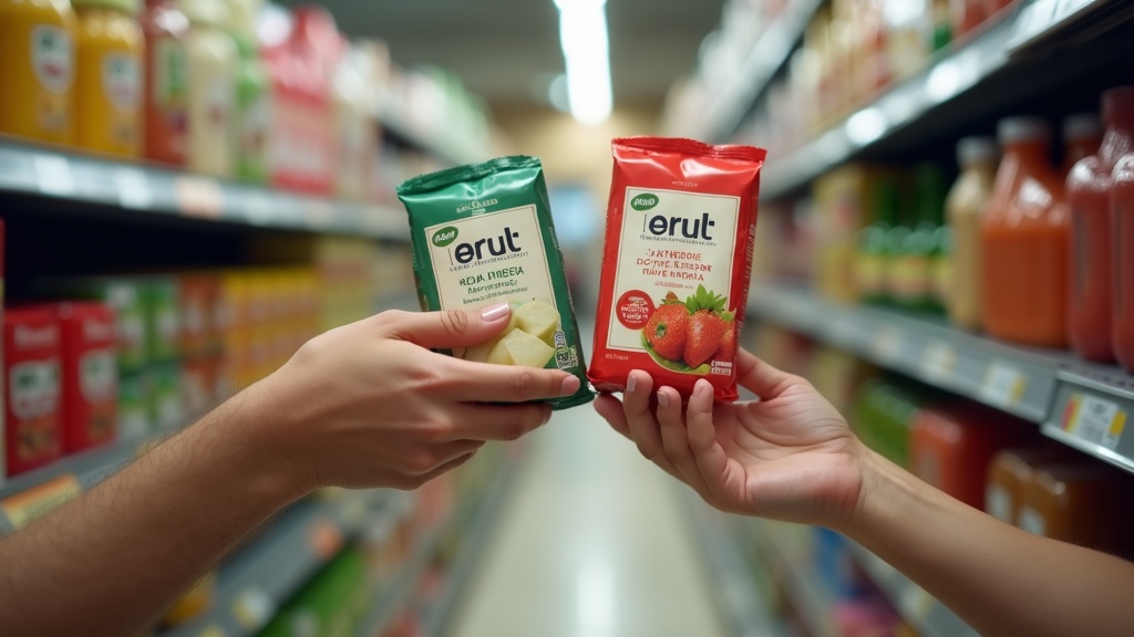 Hands comparing two grocery packages to check unit price while grocery shopping without a strict list