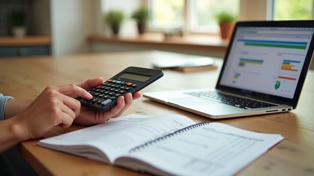 Person calculating rewards categories and cashback totals in a budget notebook