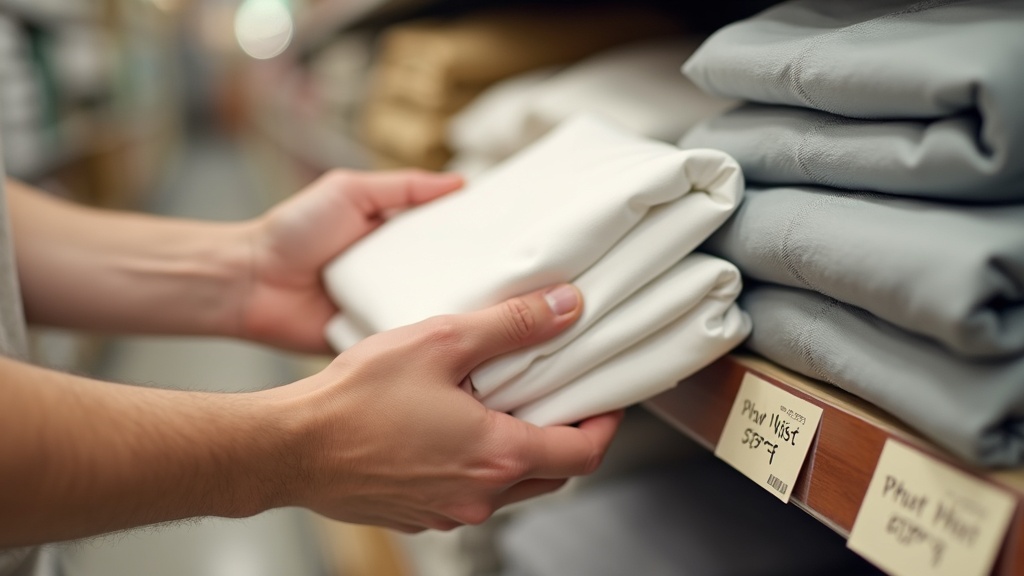 Shopper comparing bedding sets to check quality before buying during a linens clearance sale