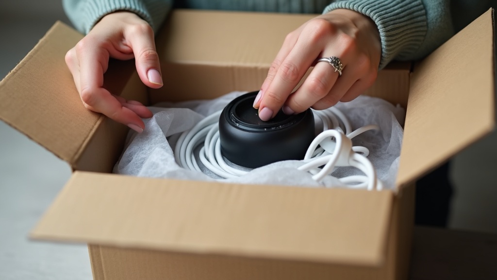 Person checking the contents of an open-box appliance for missing accessories before buying