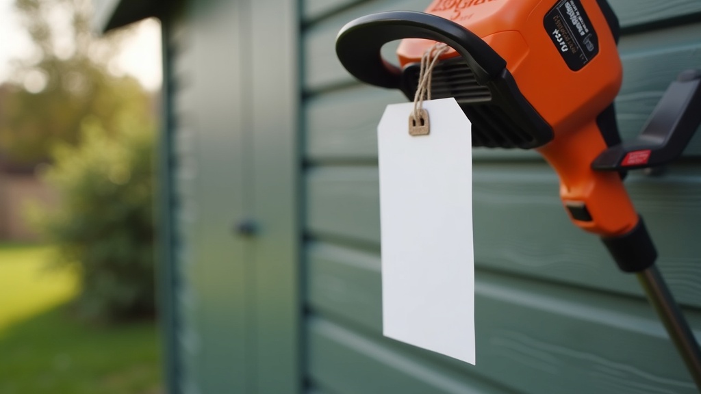 Blank price tag on a string trimmer showing seasonal outdoor power equipment sale timing
