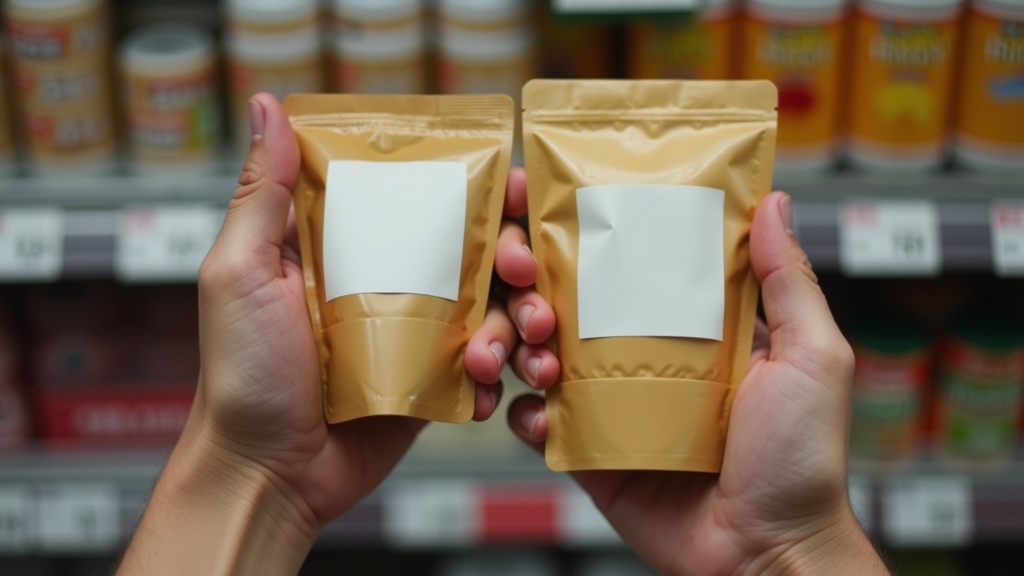 Hands holding two package sizes side by side while reading unit price labels