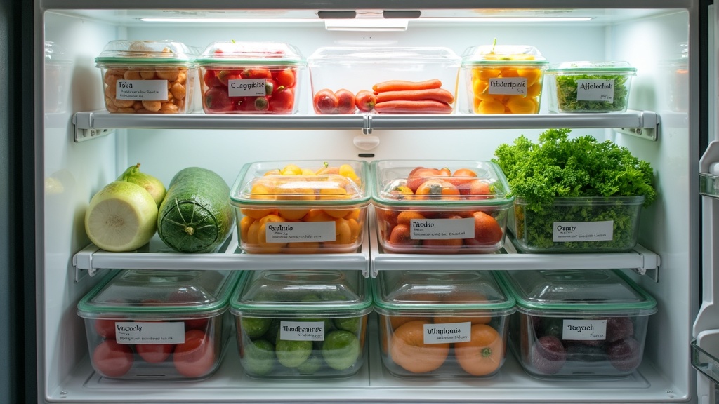 Well organized refrigerator with labeled containers demonstrating food storage tips to reduce food waste