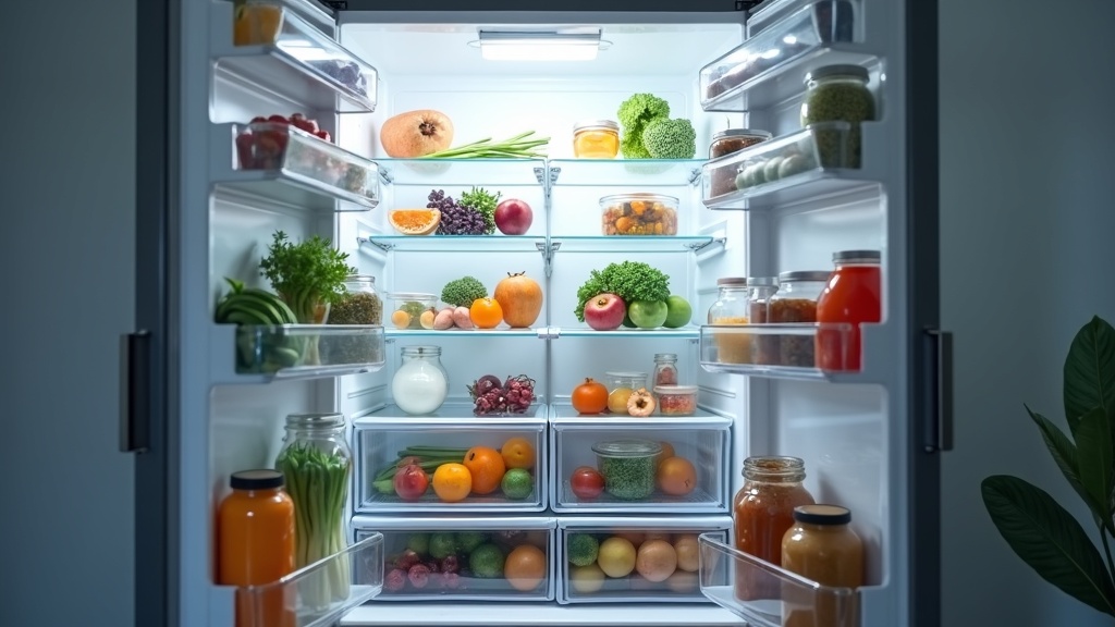 Open refrigerator interior stocked with fresh produce and food containers