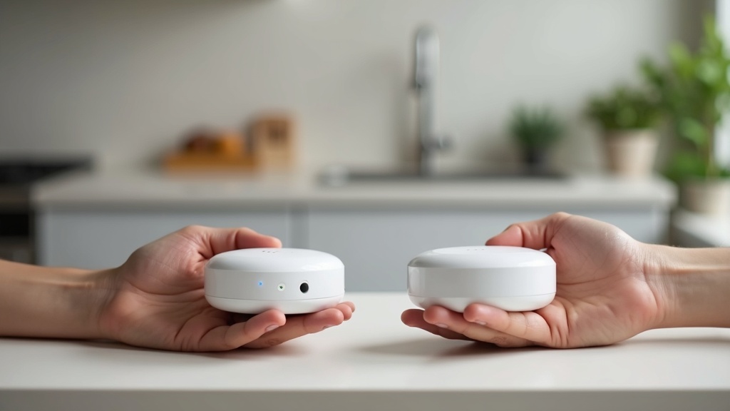 Person comparing two smart home devices side by side on a kitchen counter