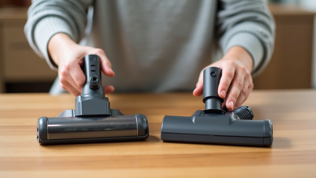 Person comparing vacuum cleaner attachments to choose the right features