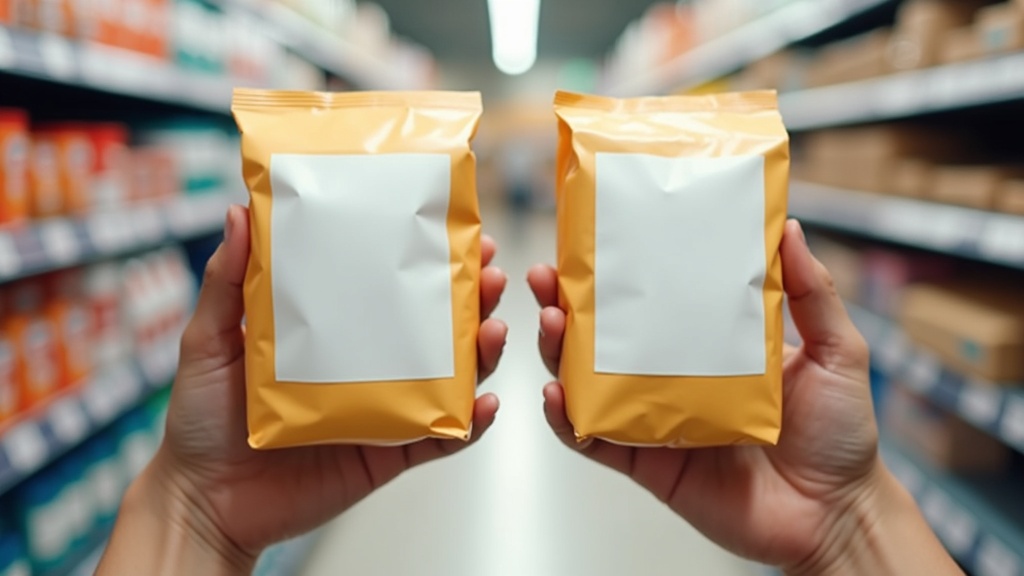 Hands comparing two package sizes to check unit price before buying in bulk