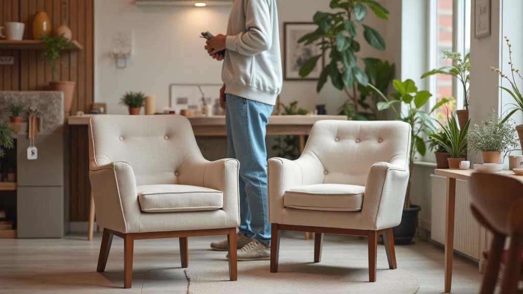 Person comparing two armchairs to decide the best time to buy furniture on sale