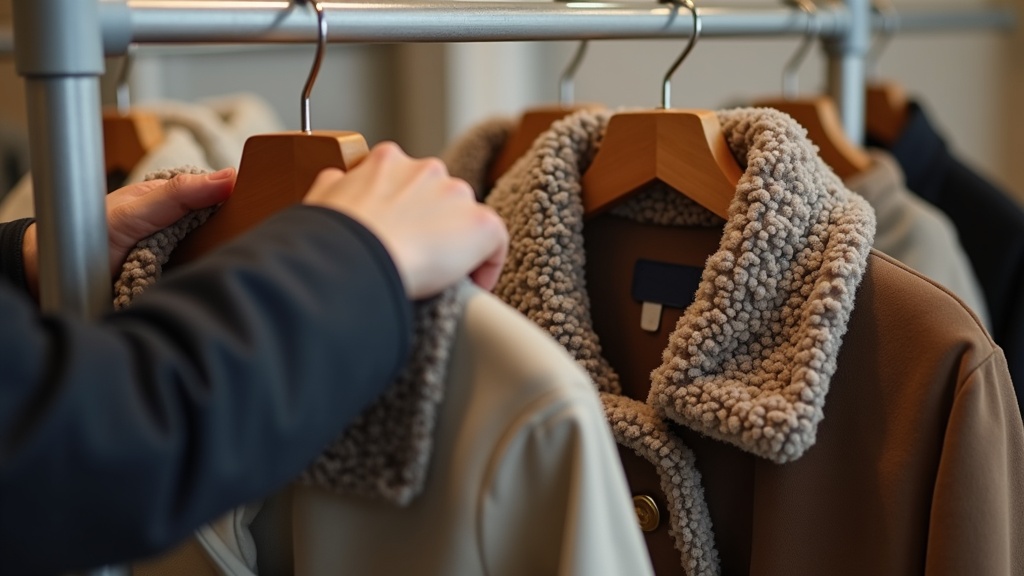 Shopper comparing two winter coats on clearance to check quality and fit