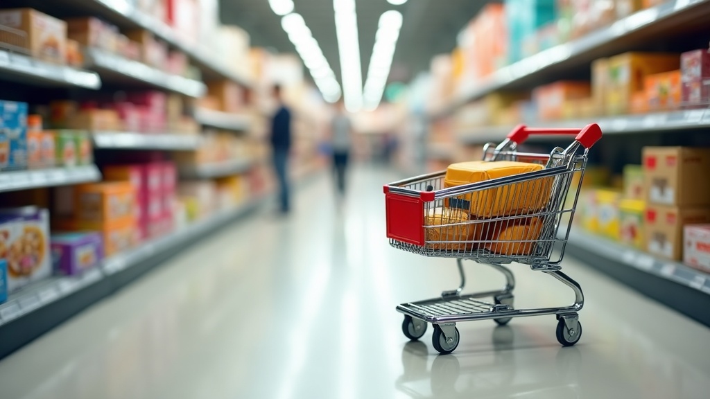Shopping cart in a store aisle representing comparison shopping and price-matching policies
