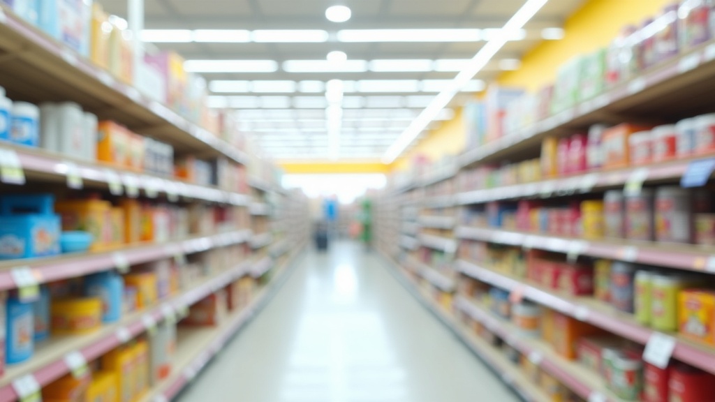 Store shelf with neatly arranged products and blank price tags representing comparison shopping to spot fake discounts