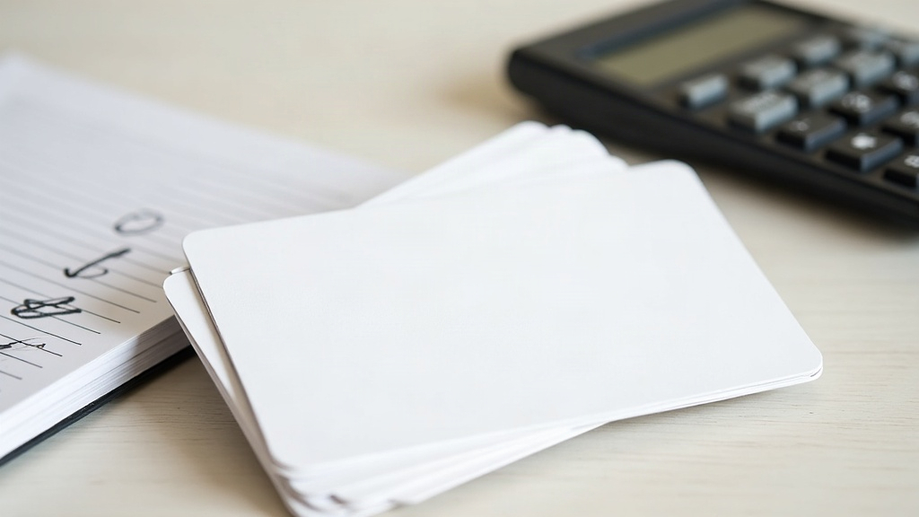 Stack of blank gift cards beside a calculator and notepad used to track a gift card balance verification checklist