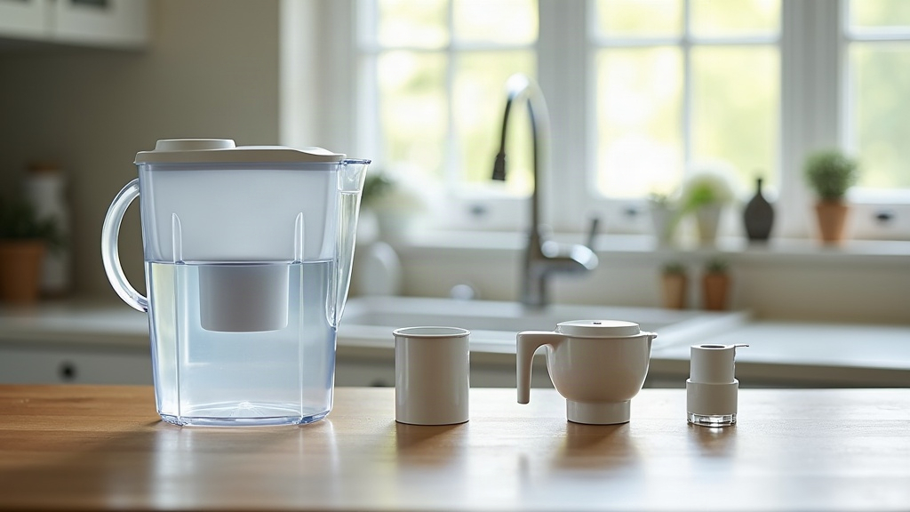 Three types of home water filters, pitcher, faucet-mount, and under-sink cartridge, arranged side by side on a counter