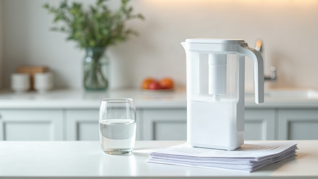 Water filter pitcher and clean glass of water on a kitchen counter representing how to choose a home water filtration system