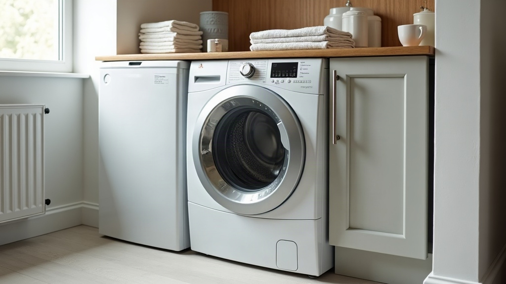 Compact space-saving washer dryer combo unit in a small apartment laundry nook